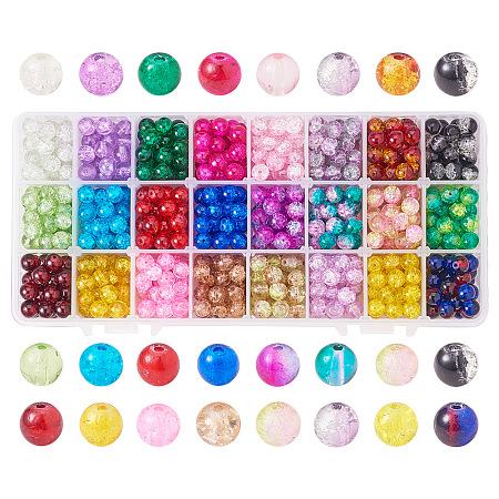 PandaHall Elite 1 Box (about 600 pcs) 24 Color 8mm Handcrafted Crackle Lampwork Glass Round Beads Assortment Lot for Jewelry Making