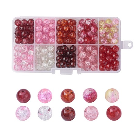 NBEADS 10 Colors Spray Painted Crackle Glass Beads, Round, Red, 8mm; Hole: 1.3~1.6mm; about 20pcs/color, 200pcs/box
