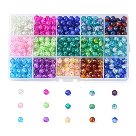 Honeyhandy Baking Painted Crackle Glass Beads, Round, with Rectangle Plastic Bead Storage Containers, Mixed Color, 8mm, Hole: 1.3~1.6mm, about 450pcs/box