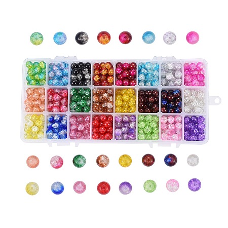 Baking Painted Crackle Glass Beads, Round, Mixed Color, 8mm; Hole: 1.3~1.6mm;  24 Colors, 30pcs/compartment, 720pcs/box
