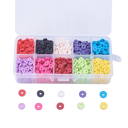 Arricraft 10 Colors Environmental Handmade Polymer Clay Beads, Disc/Flat Round, Heishi Beads, Mixed Color, 6x1mm, Hole: 2mm, about 1900~2000pcs/box