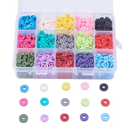 Arricraft 15 Colors Environmental Handmade Polymer Clay Beads, Disc/Flat Round, Heishi Beads