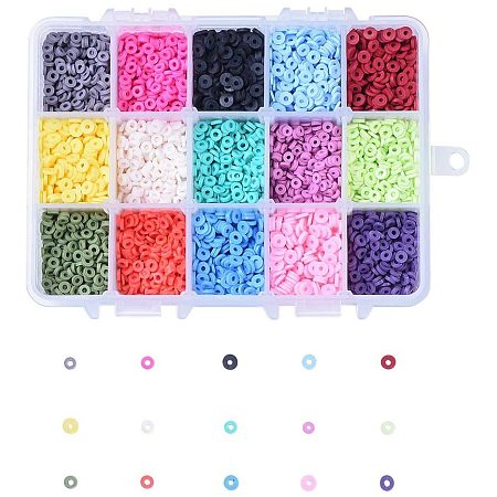 NBEADS 5700 Pieces 15 Colors Handmade Polymer Clay Beads, 4mm Flat Round Spacer Beads for DIY Jewelry Making, Hole: 1mm