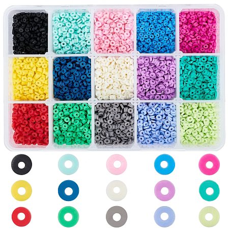 Environmental Handmade Polymer Clay Beads, Disc/Flat Round, Heishi Beads, Mixed Color, 3x1mm, Hole: 1mm; 15colors, about 380~400pcs/color, 5700~6000pcs/box