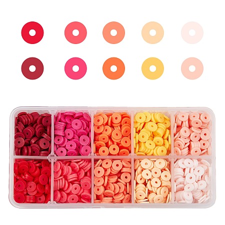 Environmental Handmade Polymer Clay Beads, Disc/Flat Round, Heishi Beads, Mixed Color, 6x1mm, Hole: 2mm; 10colors, about 266~280pcs/color, 2660~2800pcs/box