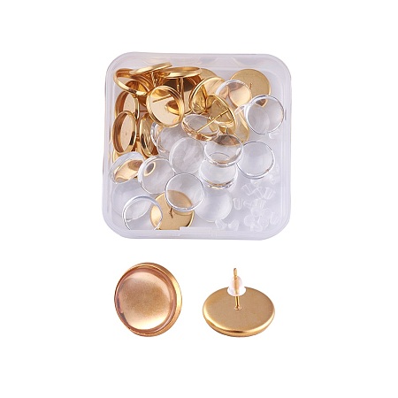 Honeyhandy DIY Earring Making, 304 Stainless Steel Stud Earring Settings and Clear Glass Cabochons, Half Round, Golden, Earring Settings: Tray: 12mm, 14x2mm, Pin: 0.8mm, 20pcs/box, Cabochons: 11.5~12x4mm, 20pcs/box