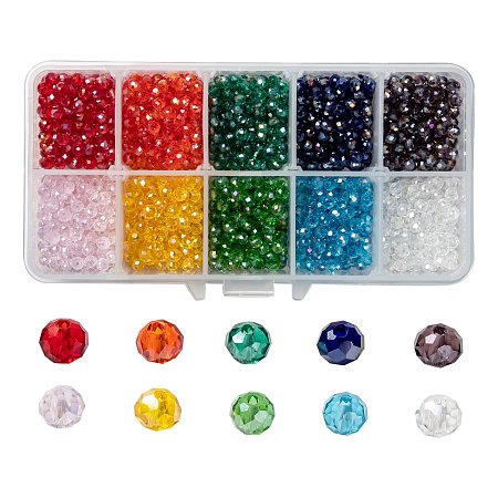 Honeyhandy 10 Colors Electroplate Glass Beads, AB Color Plated, Faceted, Rondelle, Mixed Color, 4x3mm, Hole: 0.4mm, 10 colors, 200pcs/color, 2000pcs/box