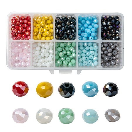 ARRICRAFT 10 Colors Electroplate Glass Beads, Opaque Solid Color, AB Color Plated, Faceted, Rondelle, Mixed Color, 6x5mm, Hole: 1mm; 10 colors, 50pcs/color, 500pcs/box