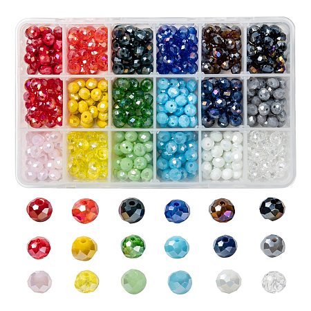 ARRICRAFT 18 Colors Electroplate Glass Beads, Opaque Solid Color, AB Color Plated, Faceted, Rondelle, Mixed Color, 8x6mm, Hole: 1mm; 18 colors, 30pcs/color, 540pcs/box