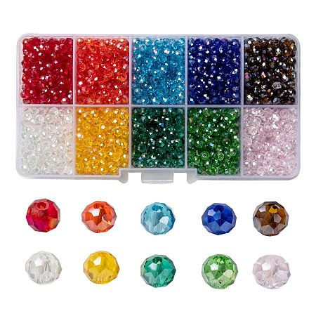 ARRICRAFT 10 Colors Electroplate Glass Beads, AB Color Plated, Faceted, Rondelle, Mixed Color, 4x3mm, Hole: 0.4mm; 10 colors, 200pcs/color, 2000pcs/box