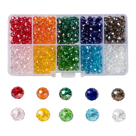 ARRICRAFT 10 Colors Electroplate Glass Beads, AB Color Plated, Faceted, Rondelle, Mixed Color, 6x5mm, Hole: 1mm; 10 colors, 50pcs/color, 500pcs/box