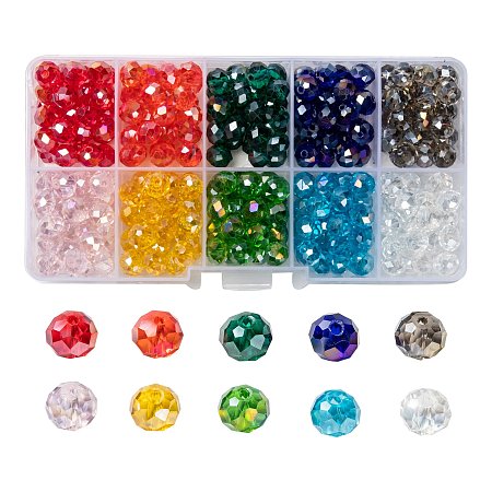 ARRICRAFT 10 Colors Electroplate Glass Beads, AB Color Plated, Faceted, Rondelle, Mixed Color, 8x6mm, Hole: 1mm; 10 colors, 30pcs/color, 300pcs/box