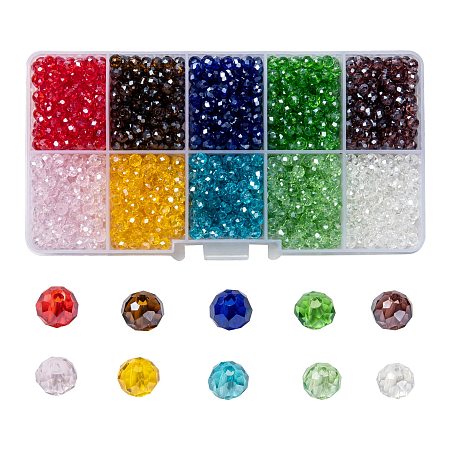 ARRICRAFT Electroplate Glass Beads, Pearl Luster Plated, Faceted, Rondelle, Mixed Color, 4x3mm, Hole: 0.4mm; 10 colors, 200pcs/color, 2000pcs/box