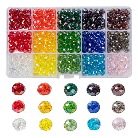 ARRICRAFT 15 Colors Electroplate Glass Beads, AB Color Plated, Faceted, Rondelle, Mixed Color, 8x6mm, Hole: 1mm; 15 colors, 30pcs/color, 450pcs/box
