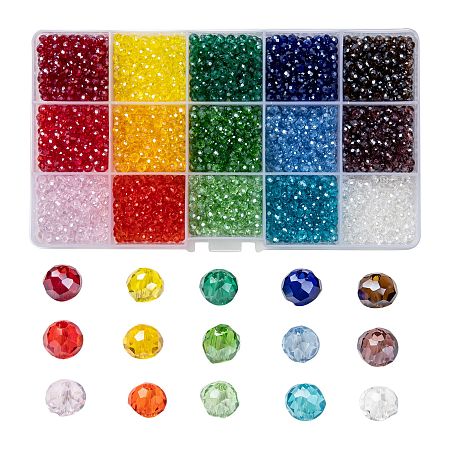 ARRICRAFT Electroplate Glass Beads, Pearl Luster Plated, Faceted, Rondelle, Mixed Color, 4x3mm, Hole: 0.4mm; 15 colors, 200pcs/color, 3000pcs/box
