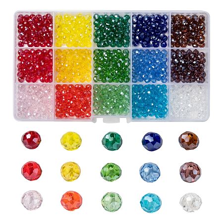 ARRICRAFT Electroplate Glass Beads, Pearl Luster Plated, Faceted, Rondelle, Mixed Color, 6x5mm, Hole: 1mm; 15 colors, 50pcs/color, 750pcs/box