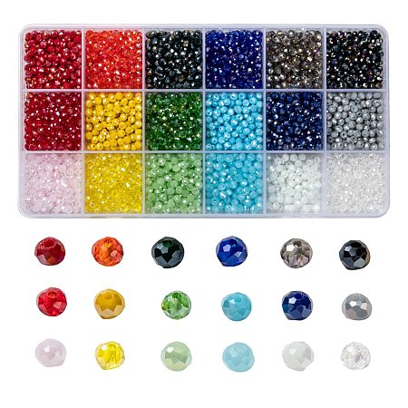 ARRICRAFT 18 Colors Electroplate Glass Beads, Opaque Solid Color, AB Color Plated, Faceted, Rondelle, Mixed Color, 4x3mm, Hole: 0.4mm; 18 colors, 200pcs/color, 3600pcs/box