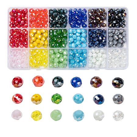ARRICRAFT 18 Colors Electroplate Glass Beads, Opaque Solid Color, AB Color Plated, Faceted, Rondelle, Mixed Color, 8x6mm, Hole: 1mm; 18 colors, 30pcs/color, 540pcs/box