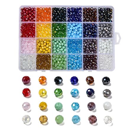 Honeyhandy 24 Colors Electroplate Glass Beads, Opaque Solid Color, AB Color Plated, Faceted, Rondelle, Mixed Color, 6x5mm, Hole: 1mm, 24 colors, 50pcs/color, 1200pcs/box