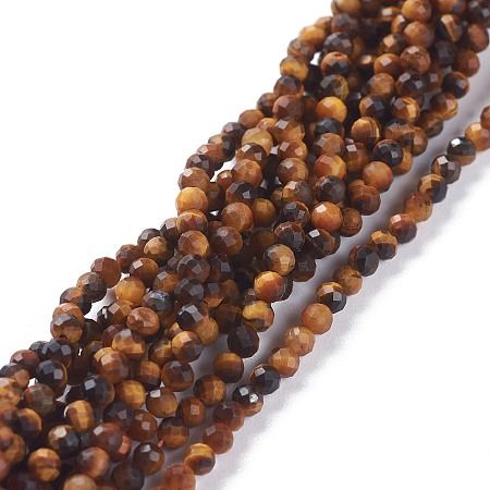 Honeyhandy Natural Yellow Tiger Eye Beads Strands, Round, Faceted, 3mm, Hole: 0.7mm, about 131pcs/strand, 15.35inch(39cm)