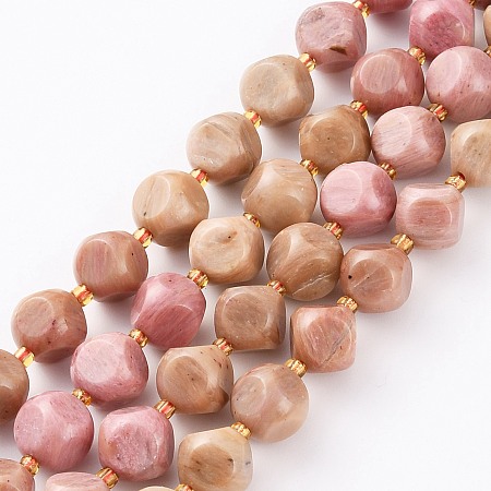 Honeyhandy Natural Rhodochrosite Beads Strands, with Seed Beads, Six Sided Celestial Dice, Faceted, 8~8.5x8~8.5mm, Hole: 1mm, about 40pcs/strand, 15.75 inch(40cm)