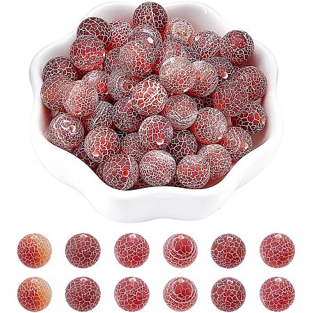 Arricraft About 72 Pcs Frosted Natural Stone Beads 10mm, Natural Crackle Agate Round Beads, Gemstone Loose Beads for Bracelet Necklace Jewelry Making ( Dark Red, Hole: 1.2mm )