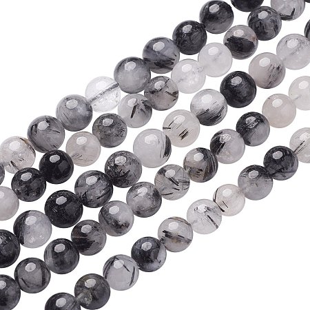 NBEADS 5 Strands 8mm Black/LightGrey Natural Black Mutilated Quartz Gemstone Beads Round Loose Beads for Bracelet Necklace Jewelry Making, 1 Strand 24pcs