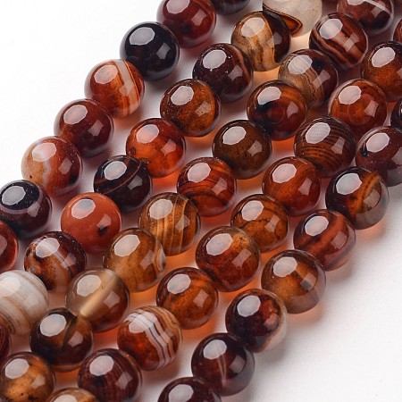 Natural Striped Agate/Banded Agate Beads Strands, Round, Dyed & Heated, 6mm, Hole: 1mm, about 64pcs/strand, 14.5 inch