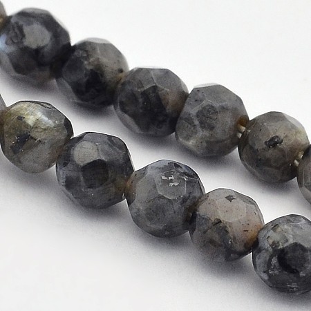 Honeyhandy Faceted Round Natural Larvikite/Black Labradorite Beads Strands, 4mm, Hole: 1mm, about 90pcs/strand, 15.35 inch