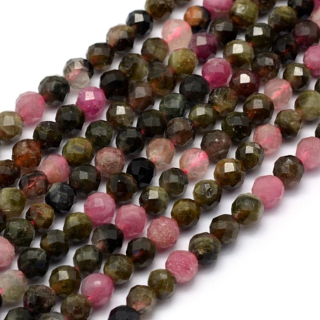 Honeyhandy Natural Tourmaline Beads Strands, Faceted, Round, 4mm, Hole: 1mm, about 90pcs/strand, 15.35 inch(39cm)