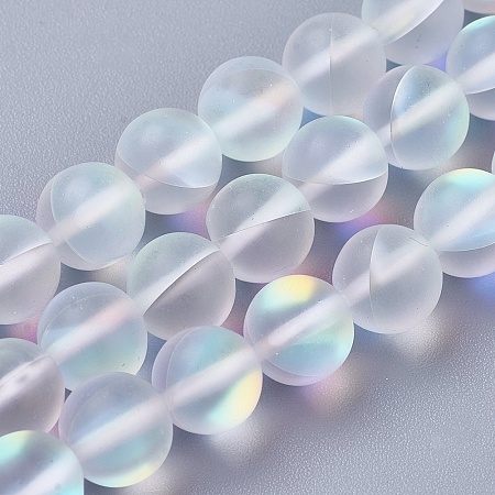 Honeyhandy Synthetic Moonstone Beads Strands, Holographic Beads, Round, Frosted, Clear, 6mm, Hole: 1mm, about 64pcs/strand, 15.3 inch(39cm)