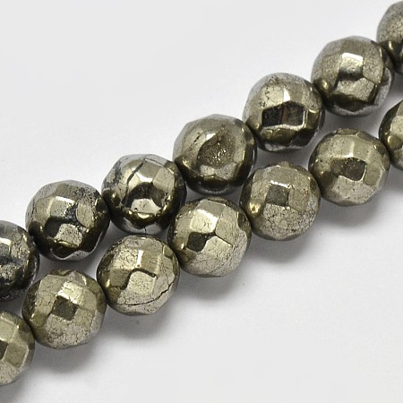 Honeyhandy Natural Pyrite Round Beads Strands, Faceted(64 Facets), Grade A, 6mm, Hole: 1mm, about 67pcs/strand, 16 inch