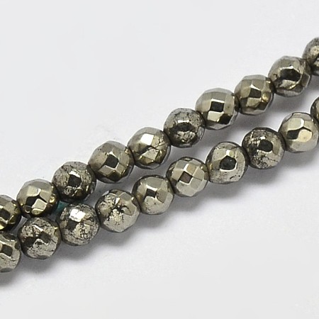 Honeyhandy Natural Pyrite Round Beads Strands, Faceted, Grade A, 4mm, Hole: 1mm, about 100pcs/strand, 16 inch