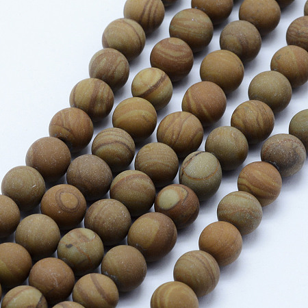 Honeyhandy Natural Wood Lace Stone Beads Strands, Frosted, Round, 7.5~8mm, Hole: 1mm, about 48pcs/strand, 15.3 inch(39cm)