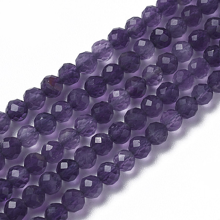 Honeyhandy Natural Amethyst Beads Strands, Faceted, Round, 3~3.5x2~3.5mm, Hole: 0.2mm, about 120~189pcs/strand, 16.2~16.4 inch(41.3~41.7cm)