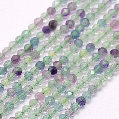 Honeyhandy Natural Fluorite Beads Strands, Faceted, Round, 3~3.5x2.5~3mm, Hole: 0.3mm, about 114~141pcs/strand, 15.1~16.4 inch(38.4~41.8cm)