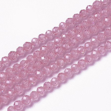 Honeyhandy Cubic Zirconia Beads Strands, Faceted, Round, Flamingo, 3x2.5~3mm, Hole: 0.3mm, about 114~141pcs/strand, 15.1~16.4 inch(38.4~41.8cm)