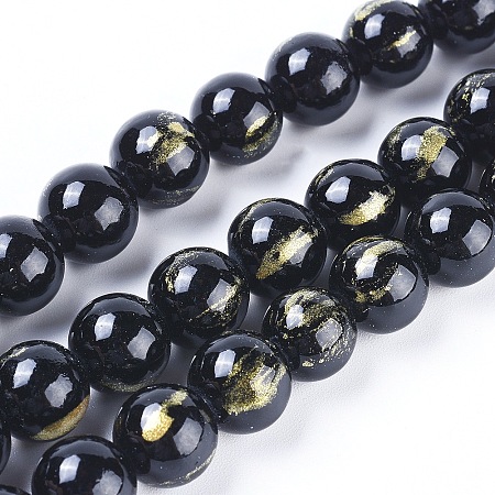 Honeyhandy Natural Jade Beads Strands, with Gold Foil, Dyed, Round, Black, 8mm, Hole: 1mm, about 50pcs/strand, 15.75 inch(40cm)