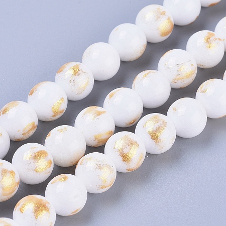 Honeyhandy Natural Jade Beads Strands, with Gold Foil, Dyed, Round, White, 6mm, Hole: 1mm, about 70pcs/strand, 15.75 inch(40cm)