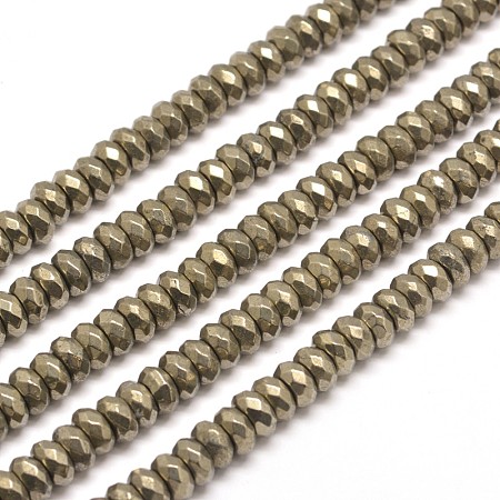 Honeyhandy Faceted Rondelle Natural Pyrite Beads Strands, 3x2mm, Hole: 1mm, about 200pcs/strand, 15.7 inch