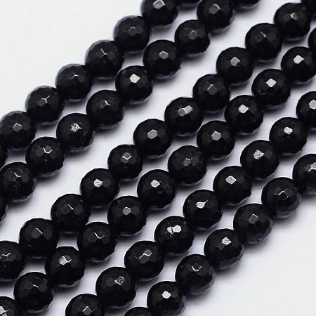 Honeyhandy Faceted Round Natural Black Tourmaline Bead Strands, Grade AB+, 8mm, Hole: 1mm, about 52pcs/strand, 15.5 inch