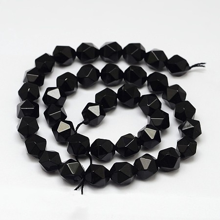 Honeyhandy Natural Black Onyx Beads Strands, Star Cut Round Beads, Dyed & Heated, Faceted, 8x7mm, Hole: 1mm, about 49pcs/strand, 15.7 inch