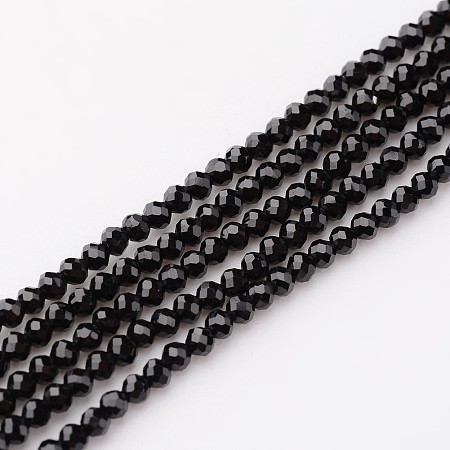 Honeyhandy Natural Black Spinel Beads Strands, Round, Faceted, 2mm, Hole: 0.8mm, about 203pcs/strand, 15.75 inch