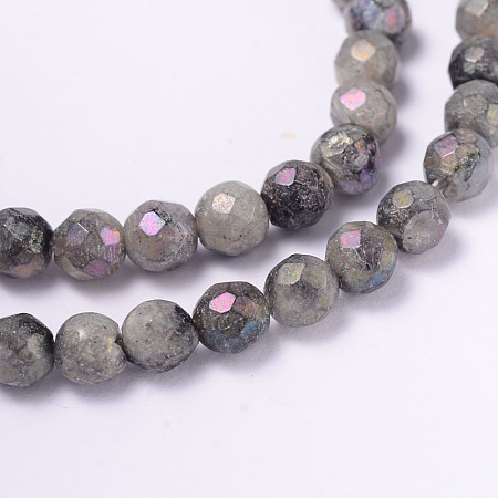 Honeyhandy Electroplate Natural Labradorite Round Bead Strands, Faceted, 4mm, Hole: 1mm, about 91pcs/strand, 14.9 inch