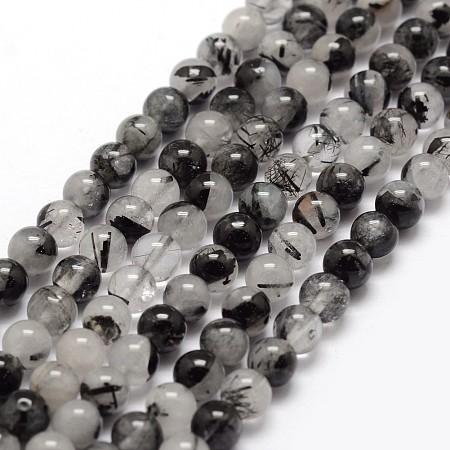 Honeyhandy Natural Black Rutilated Quartz Bead Strands, Round, 6~6.5mm, Hole: 1mm, about 65pcs/strand, 15.7 inch