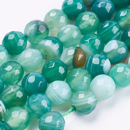 Honeyhandy Natural Striped Agate/Banded Agate Beads Strands, Round, Faceted, Dyed, Green, 6mm, Hole: 1mm, about 62pcs/strand, 14.5 inch(37cm)