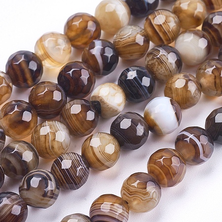 Honeyhandy Natural Striped Agate/Banded Agate Beads Strands, Round, Faceted, Dyed, Coconut Brown, 8mm, Hole: 1mm, about 47~48pcs/strand, 14.8~15.1 inch(37.7~38.5cm)