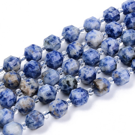 ARRICRAFT Natural Blue Spot Jasper Beads Strands, Round, Faceted, 8~9x10mm, Hole: 1.2mm, about 33~35pcs/strand, 15.16inches(38.5cm)