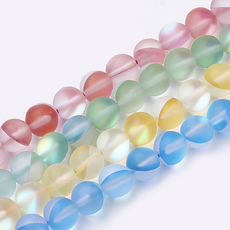 Synthetic Moonstone Beads Strands, Holographic Beads, Dyed, Frosted, Round, Mixed Color, 8mm, Hole: 0.7mm, 47~48pcs/strand, 15 inch