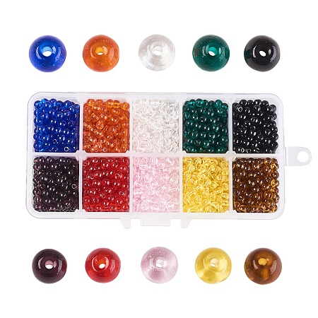 NBEADS 10 Colors Transparent Glass Beads, Round, Mixed Color, 4mm, Hole:0.5mm; about 205~208pcs/color, 2050~2080pcs/box